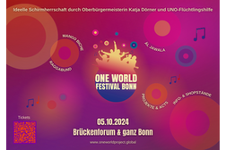 Das Foto zeigt eine grafische Werbung (Flyer) des ONE WORLD FESTIVAL BONN 2024.