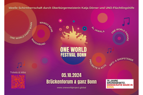 Das Foto zeigt eine grafische Werbung (Flyer) des One World Festival Bonn 2024.