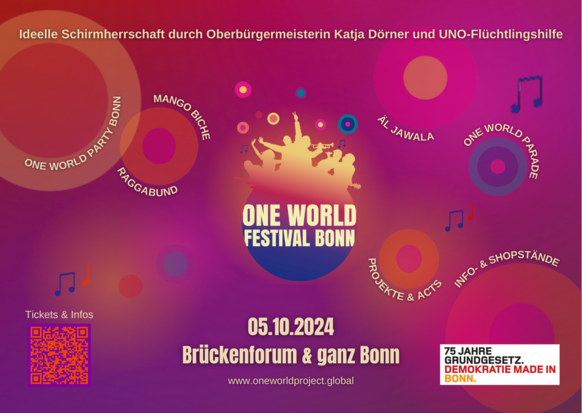 Das Foto zeigt eine grafische Werbung (Flyer) des One World Festival Bonn 2024.