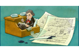 Beethoven sitzt in einem Tintenfass. Er hält eine Schreibfeder in der rechten Hand und schaut konzentriert auf ein Notenblatt in seiner linken Hand.