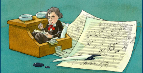 Beethoven sitzt in einem Tintenfass. Er hält eine Schreibfeder in der rechten Hand und schaut konzentriert auf ein Notenblatt in seiner linken Hand.