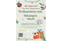 auf blassgrünem Hintergrund sind bunte Lichterketten Geschenke und Tannenzweige gemalt. Dazu der Text: Weihnachten zum Mitsingen. Pop, Rock, Swing and more und alle singen mit. Gemeinsam stimmen wir uns in die Weihnachtszeit ein.