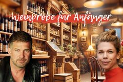 Plakat für Weinprobe für Anfänger. Im Hintergrund ein Weinladen. Im Vordergrund (links) Simon Böer und (rechts) Tina Seydel.