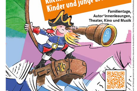 Das Plakat zeigt einen gezeichneten Kapitän, der durch ein Fernrohr schaut