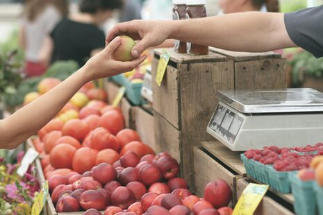 An einem Marktstand mit frischem Obst und Gemüse reichen sich zwei Personen einen Apfel über die Verkaufstheke